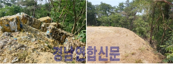 ▲ 지난 5월 미천면 불법쓰레기 투기 당시 모습(왼쪽)과 현재 처리 완료된 모습(오른쪽)